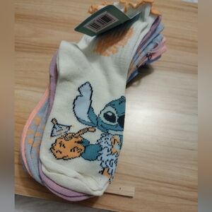 Disney Stitch Multi-Pack 5 Pairs Mid Crews Girl Shoe Size 7.5-3.5 🆕